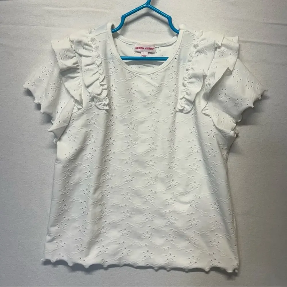 Design History Girls White Eyelet Ruffle Top Size Large Short Sleeve Boho NEW